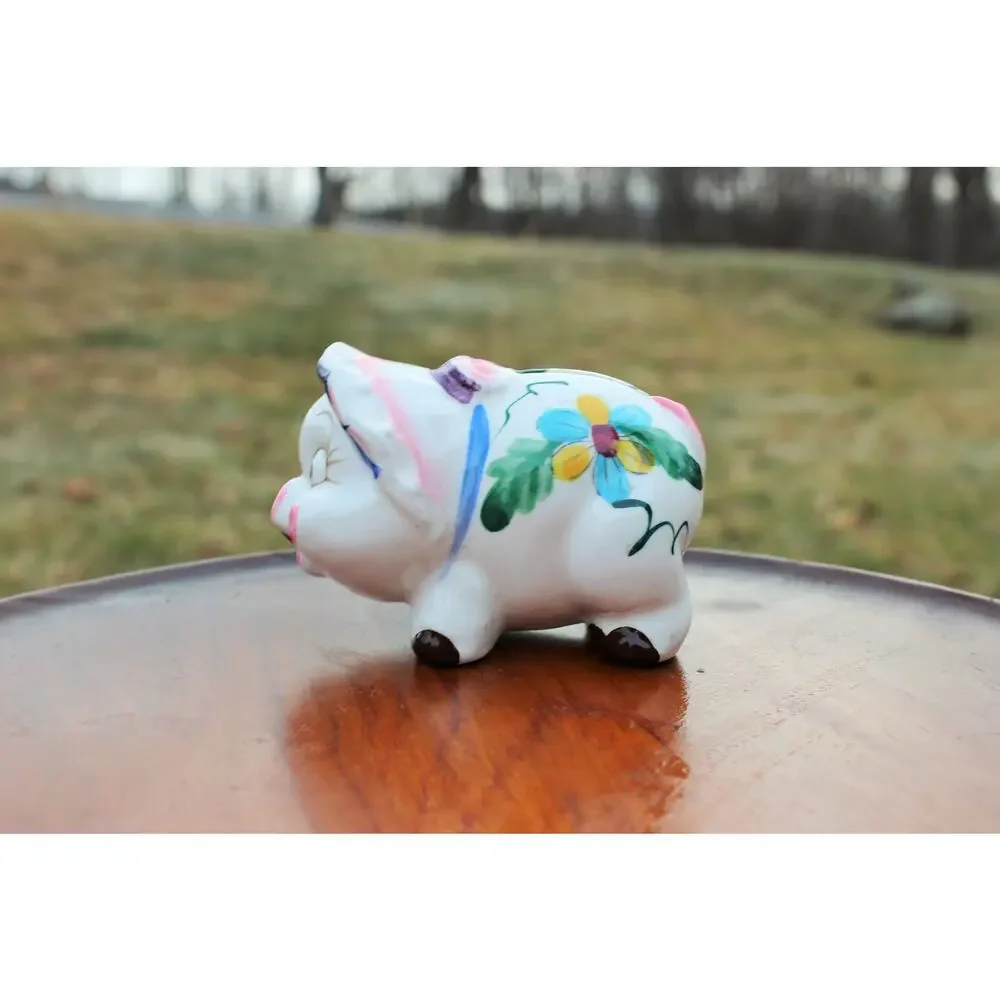 Vintage Ceramic Piggy Bank Hand Decorated Smiling Pig Drain Plug Nursery Decor